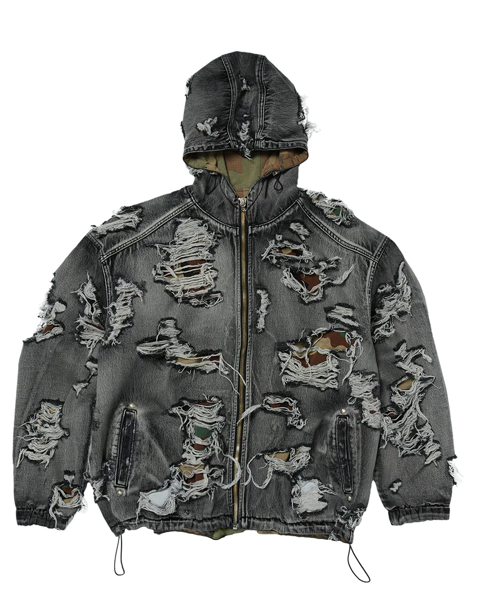 THUG CLUB・サグクラブ - デニムジャケット HELL DENIM CAMO HOODED ZIP-UP / BLACK
