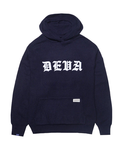 DEVA STATES ディーヴァ ステイツ KNITTED HOODIE - BLACKLETTER BLUE Detail Application オンライン公式通販 L ブルー
