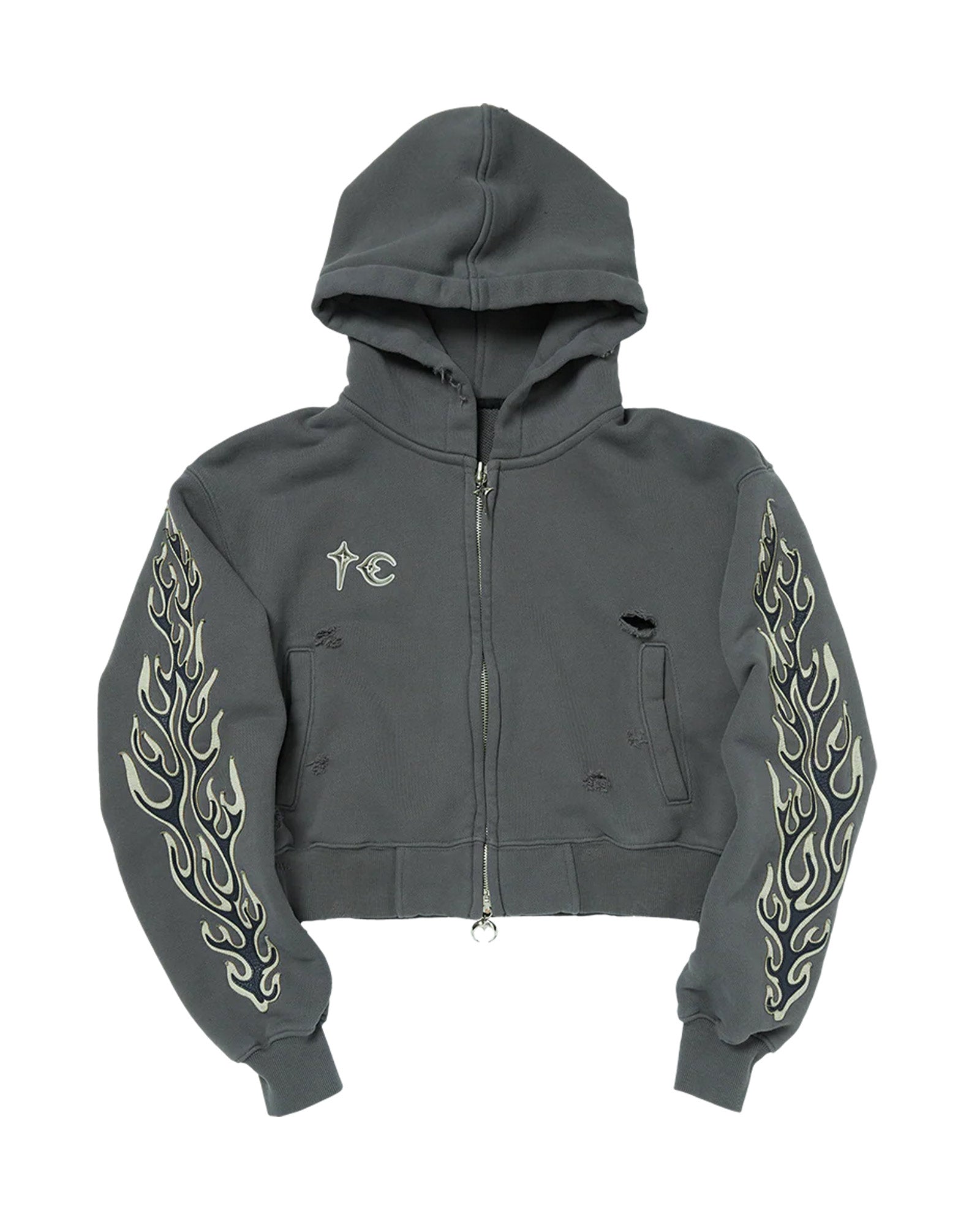 LEATHER FLAME CROPPED HOODED ZIP-UP / GREY