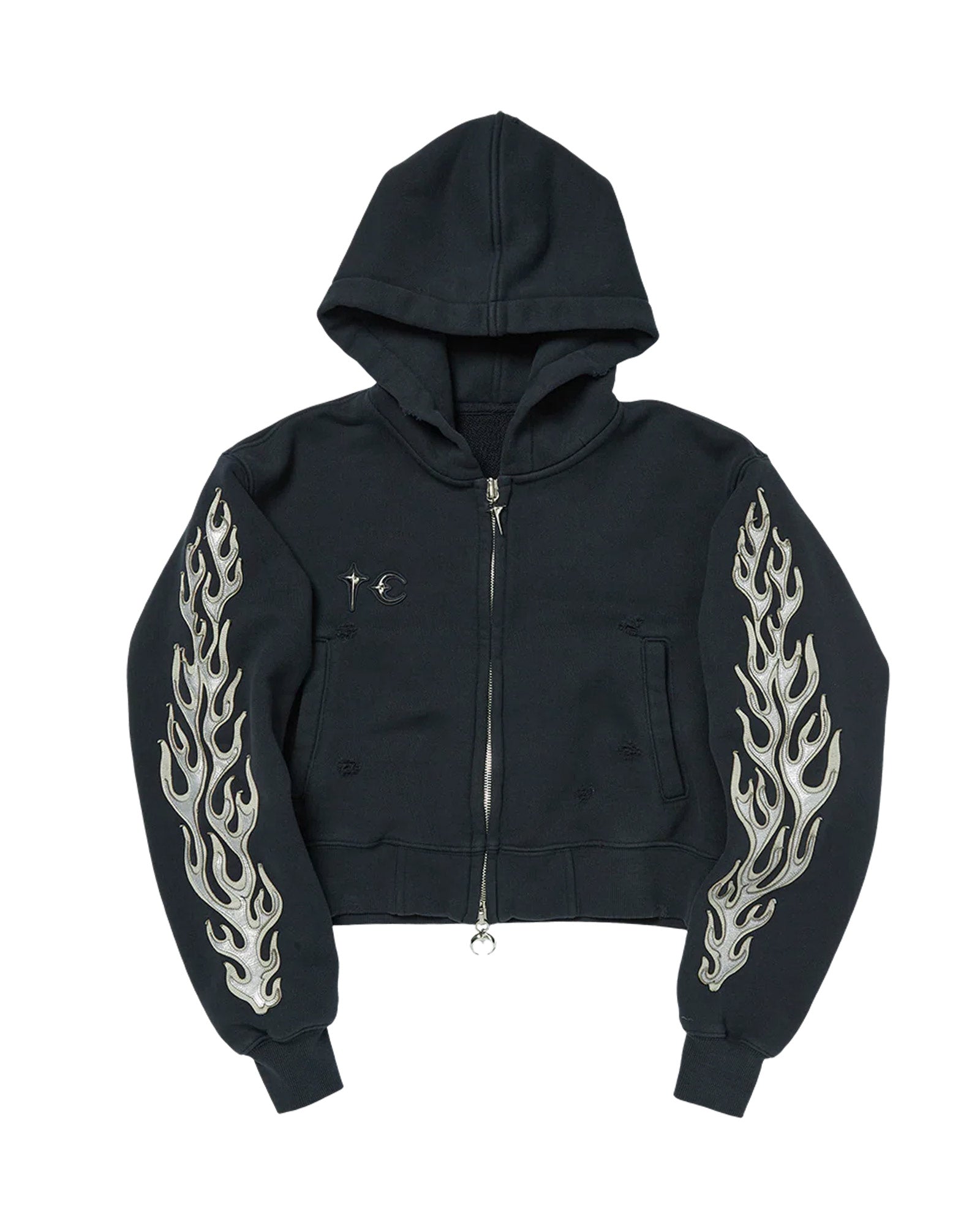 LEATHER FLAME CROPPED HOODED ZIP-UP / NAVY