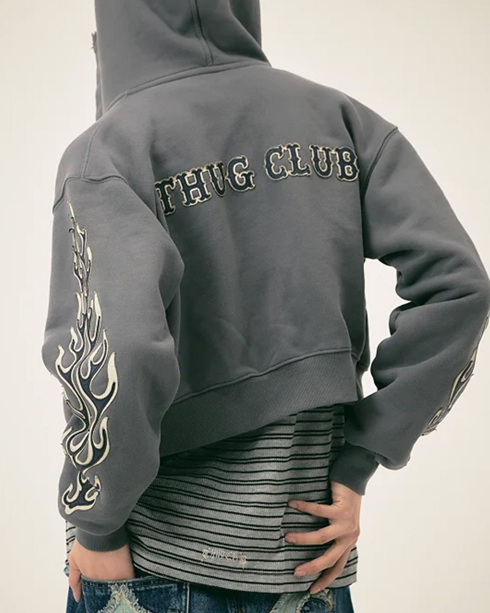 THUG CLUB・サグクラブ - パーカー・フーディ LEATHER FLAME CROPPED HOODED ZIP-UP / GREY