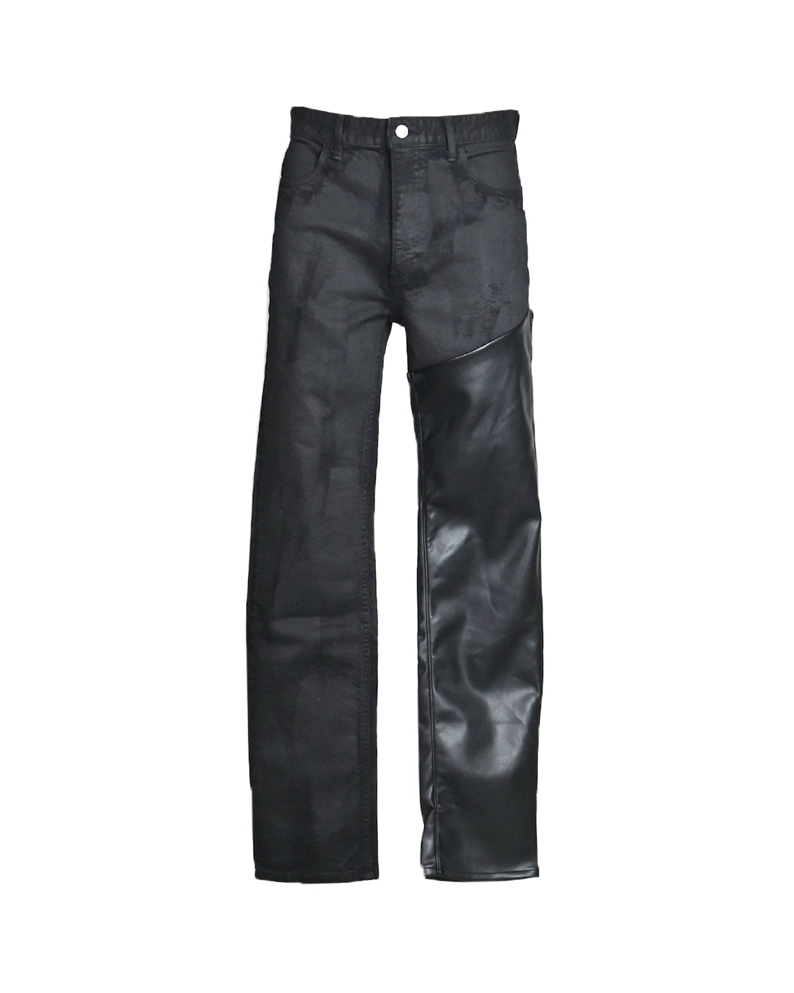 FAUX LEATHER DENIM SWITCHING PANTS / BLACK