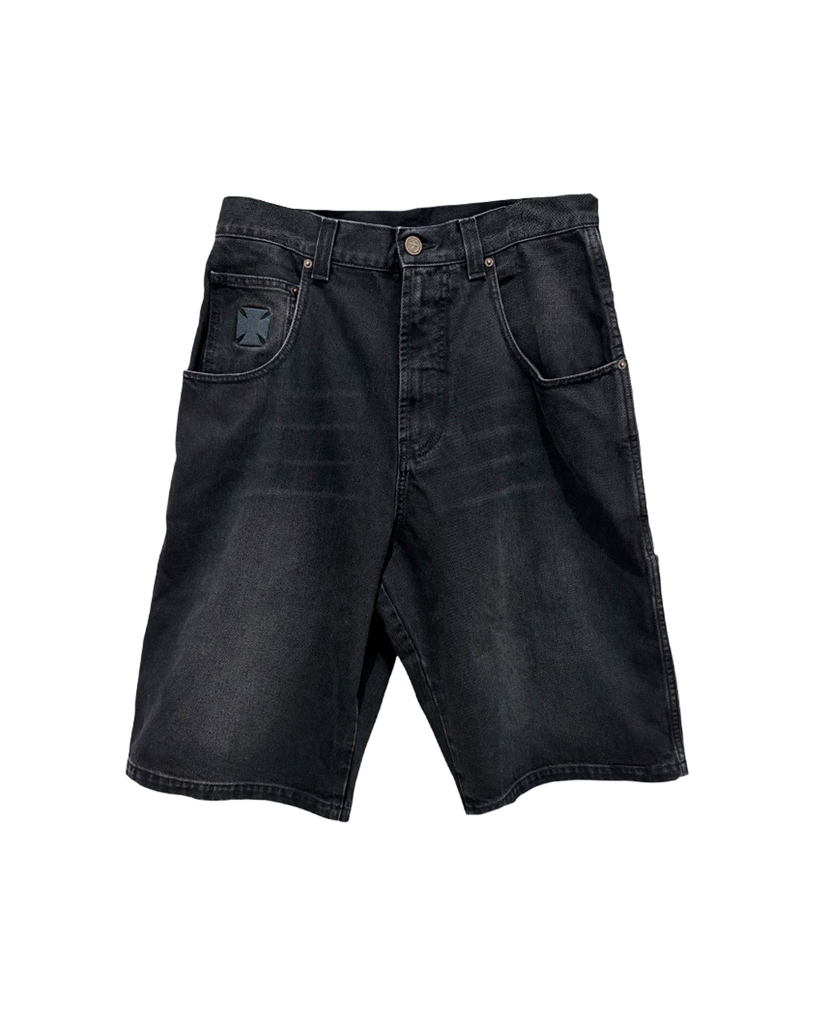 APLIQUE BIKER CROSS HIP-HOP DENIM SHORTS / WASHED BLACK