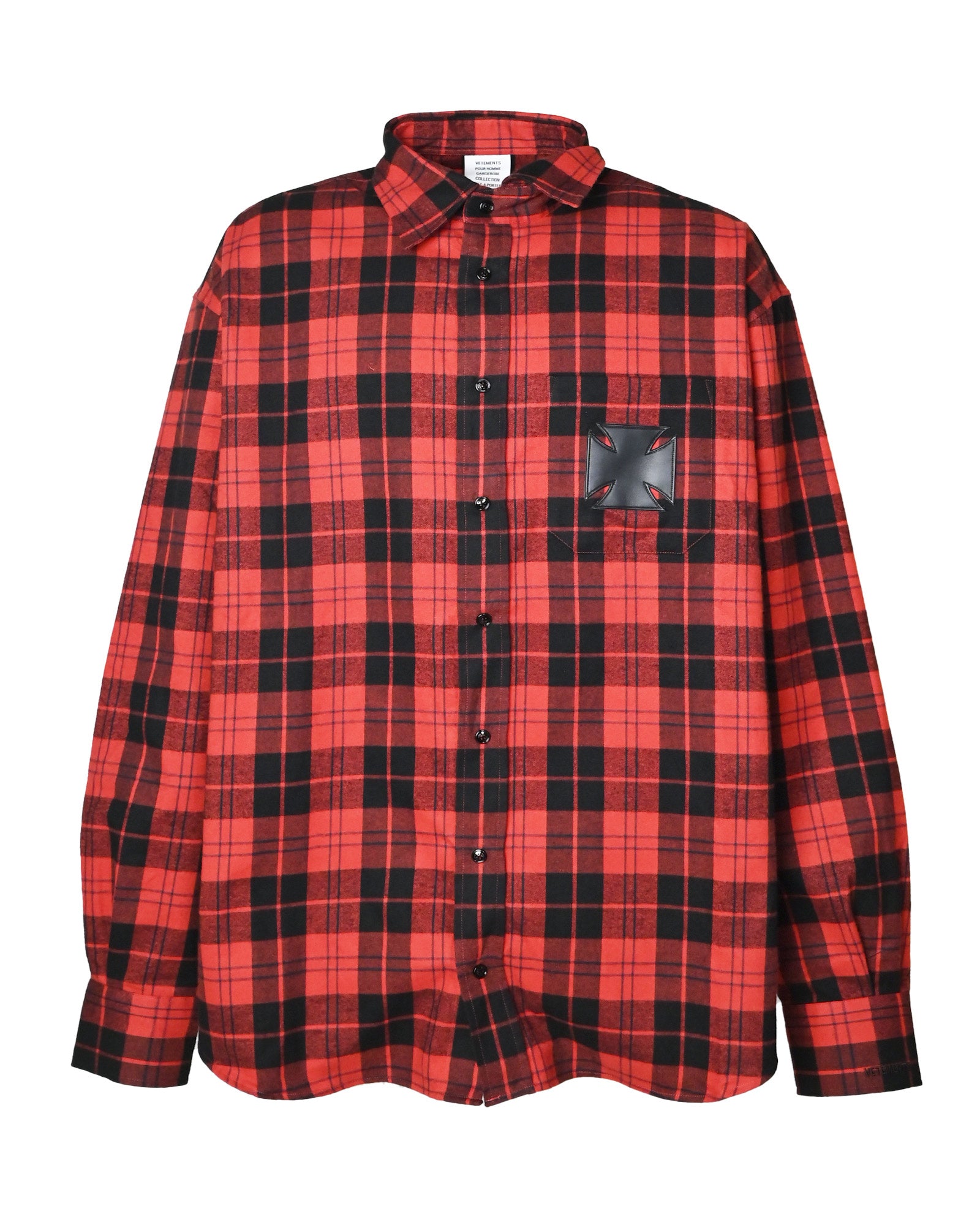 LEATHER CROSS FLANNEL SHIRT / BLACK / RED CHECK