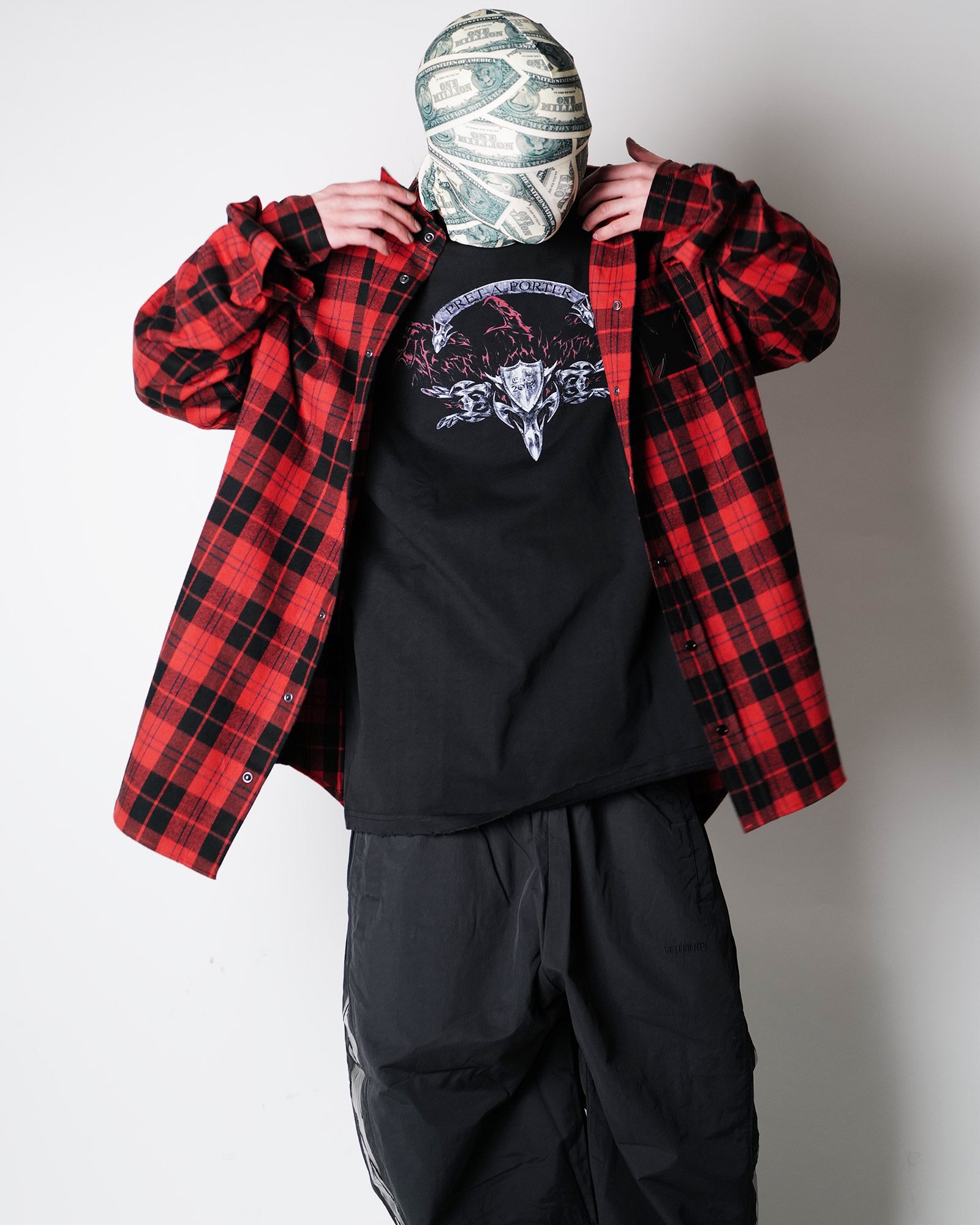 VETEMENTS・Vetements -  LEATHER CROSS FLANNEL SHIRT / BLACK / RED CHECK