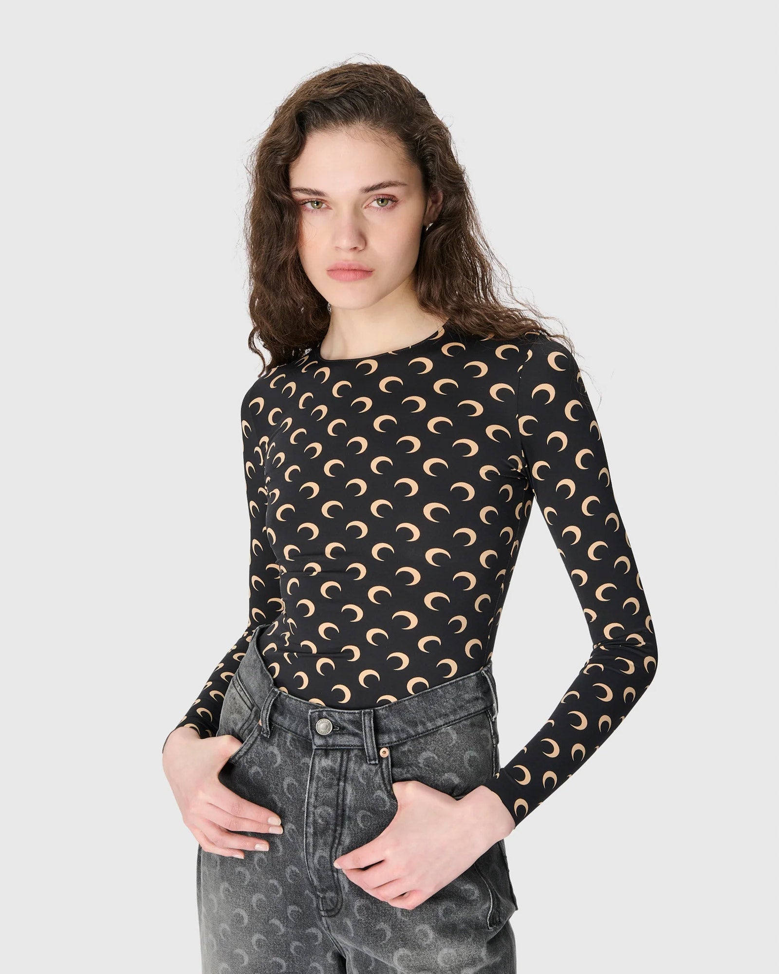 Marine Serre・marine cell -  MOON PRINTED JERSEY LS CREWNECK TOP / INVERSE TAN