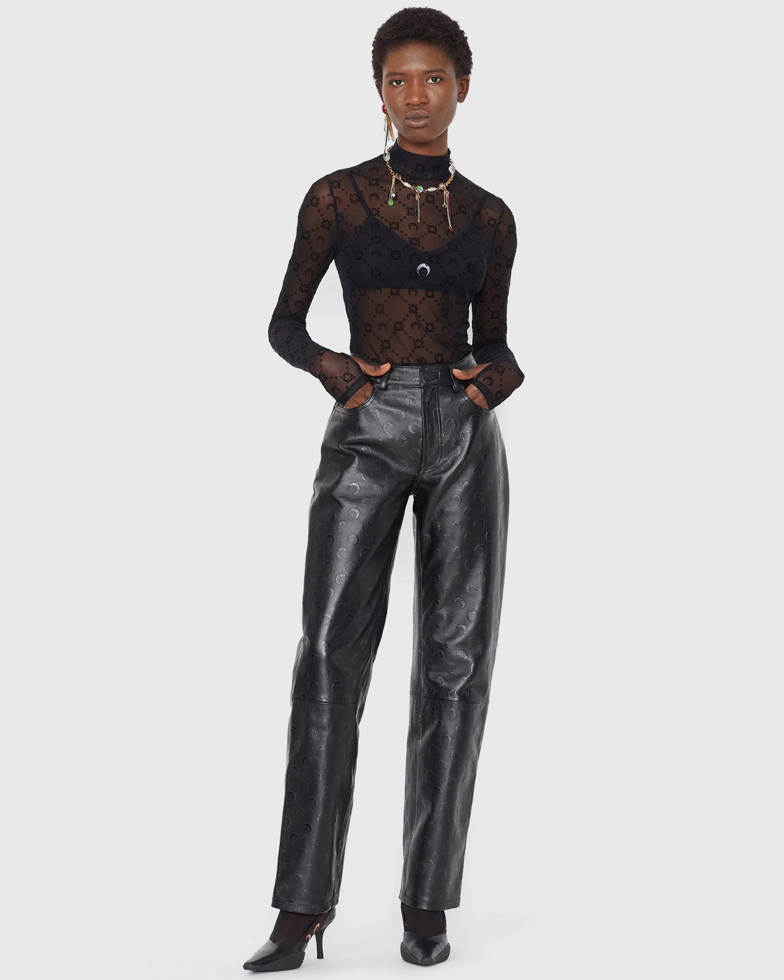 Marine Serre・marine cell -  MOONOGRAM MESH FLOCK LS HIGHNECK TOP / BLACK