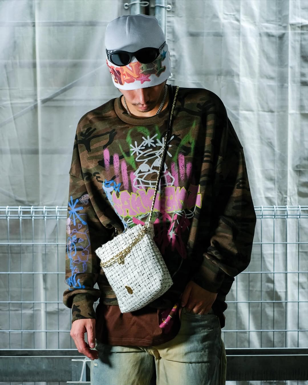 SANKUANZ・サンクアンズ - スウェット BUMPY GRAFFITI PRINT DOUBLE HEM CREWNECK SWEATSHIRT / CAMOUFLAGE