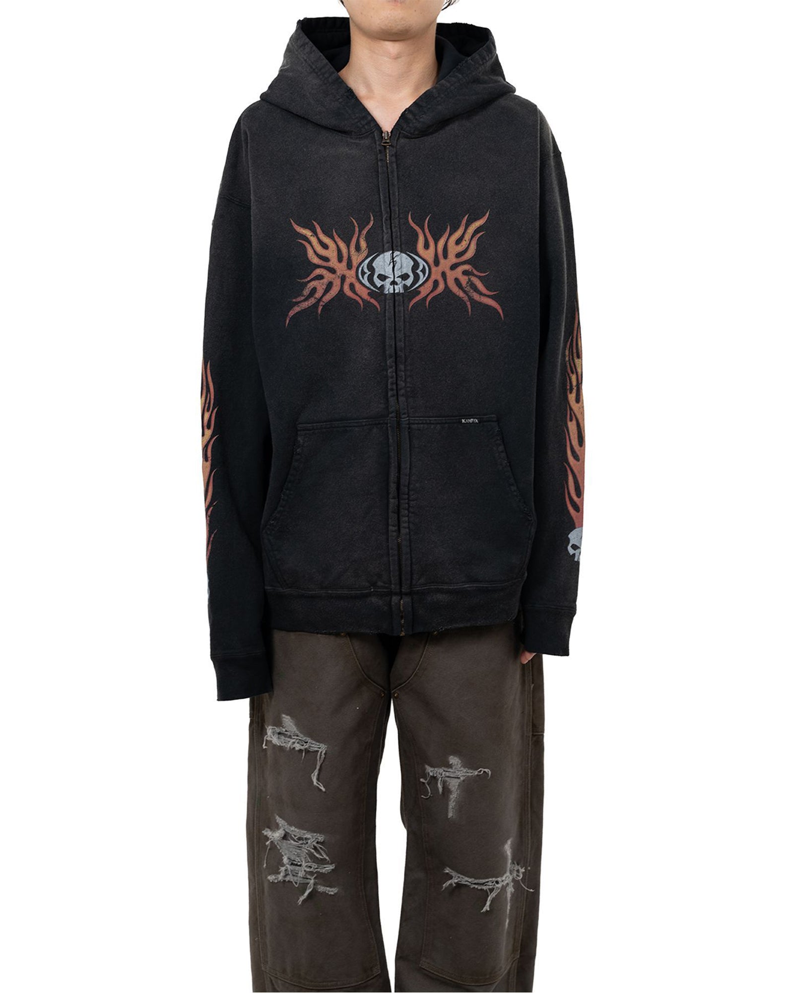 KAMIYA・Kamiya -  “SKULL FLAME” DISTRESSED ZIP HOODIE / BLACK