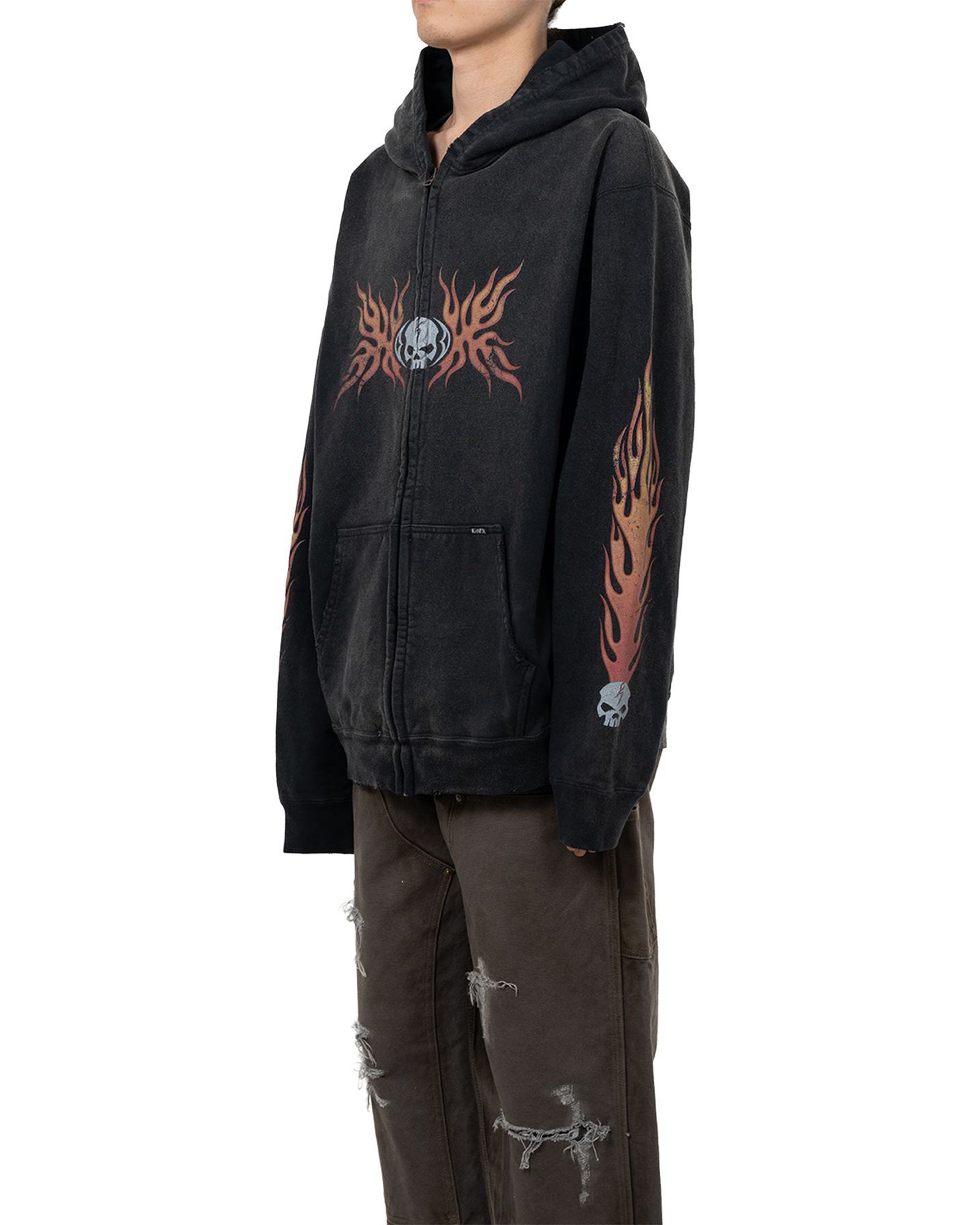 KAMIYA・Kamiya -  “SKULL FLAME” DISTRESSED ZIP HOODIE / BLACK