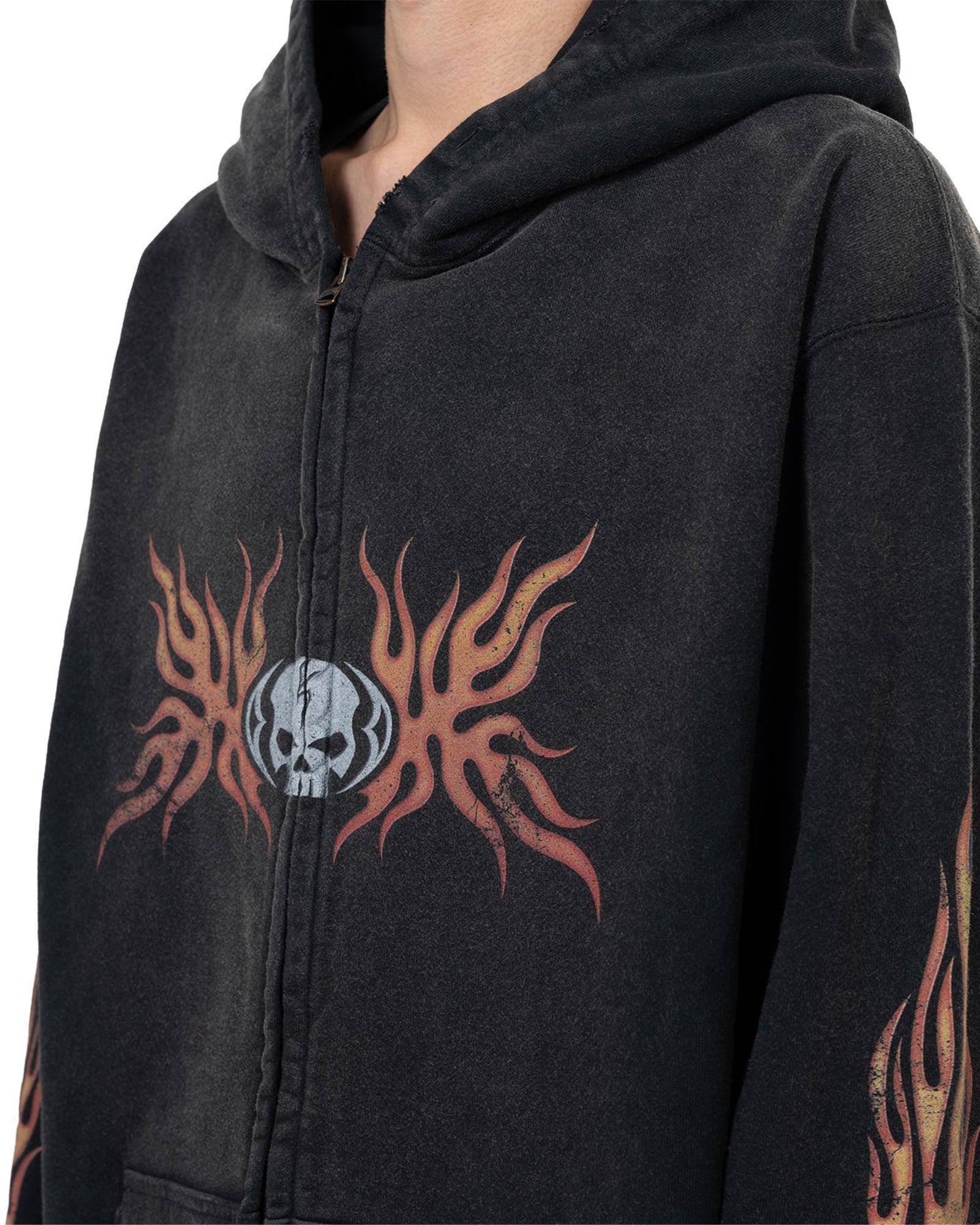 KAMIYA・Kamiya -  “SKULL FLAME” DISTRESSED ZIP HOODIE / BLACK