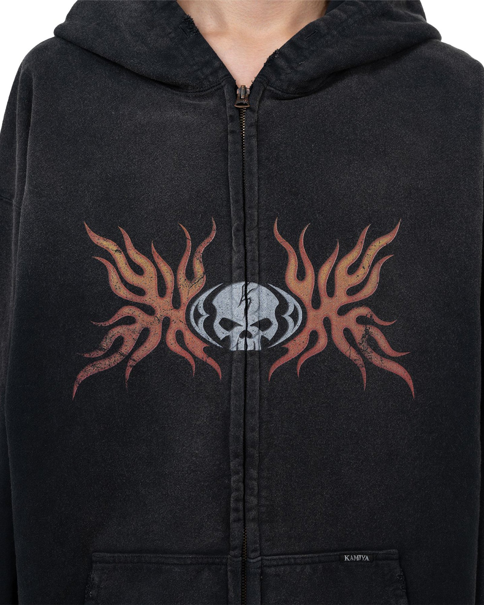 KAMIYA・Kamiya -  “SKULL FLAME” DISTRESSED ZIP HOODIE / BLACK