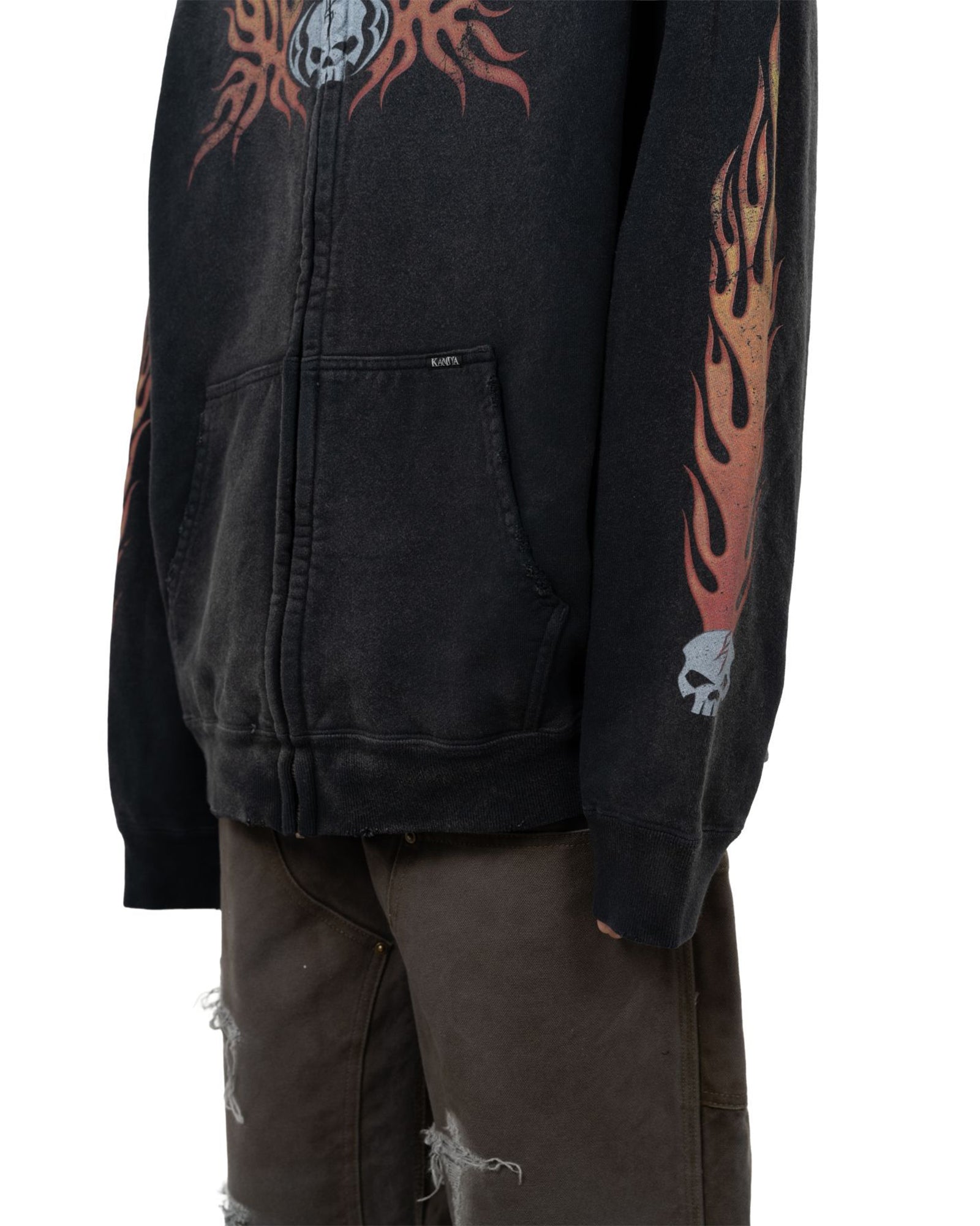 KAMIYA・Kamiya -  “SKULL FLAME” DISTRESSED ZIP HOODIE / BLACK