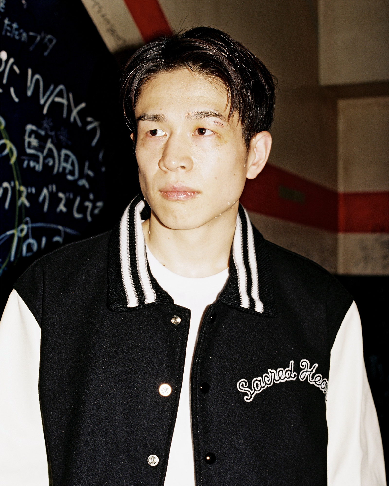 ©SAINT M××××××・セントマイケル - ジャケット GB_VARSITY JKT/SARED HEART / BLACK+WHITE