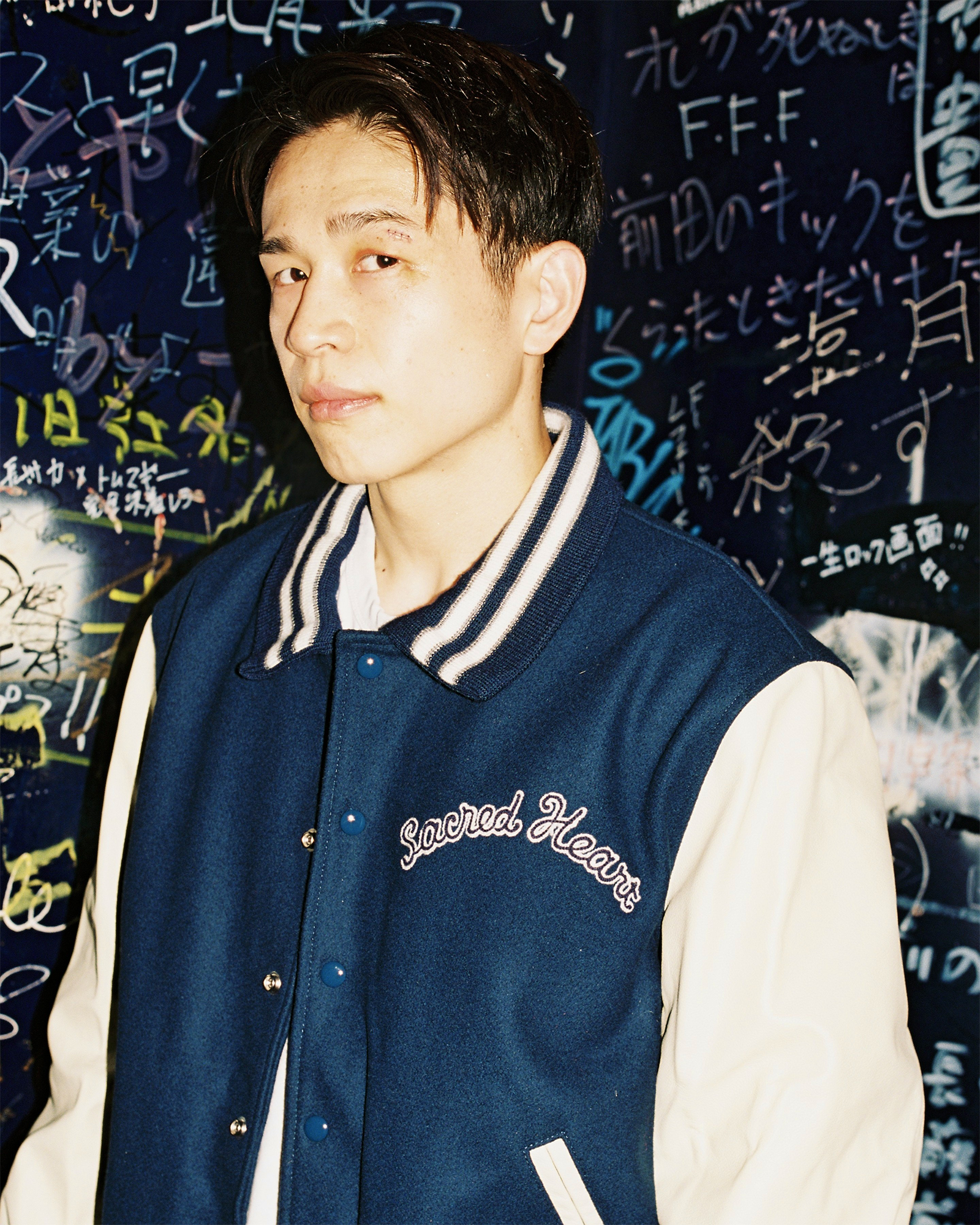 ©SAINT M××××××・セントマイケル - ジャケット GB_VARSITY JKT/SARED HEART / NAVY+WHITE
