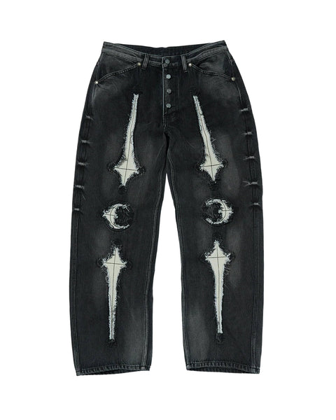 THUG CLUB(サグクラブ)「 TC BONE LEATHER DENIM PANTS / BLACK