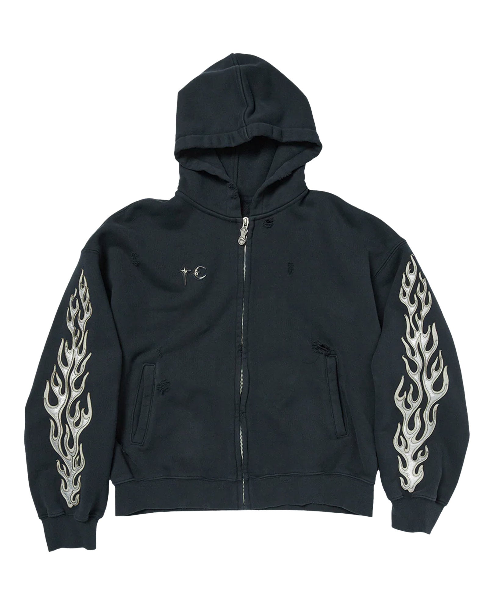 LEATHER FLAME HOODED ZIP-UP / NAVY