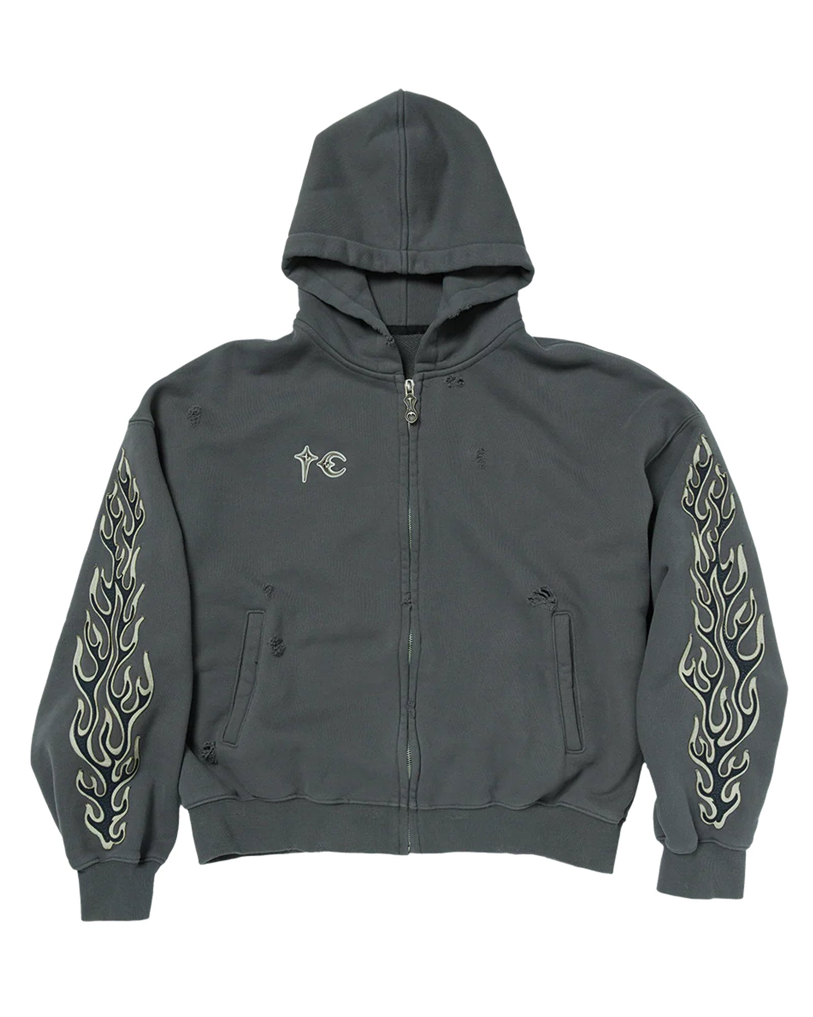LEATHER FLAME HOODED ZIP-UP / GREY