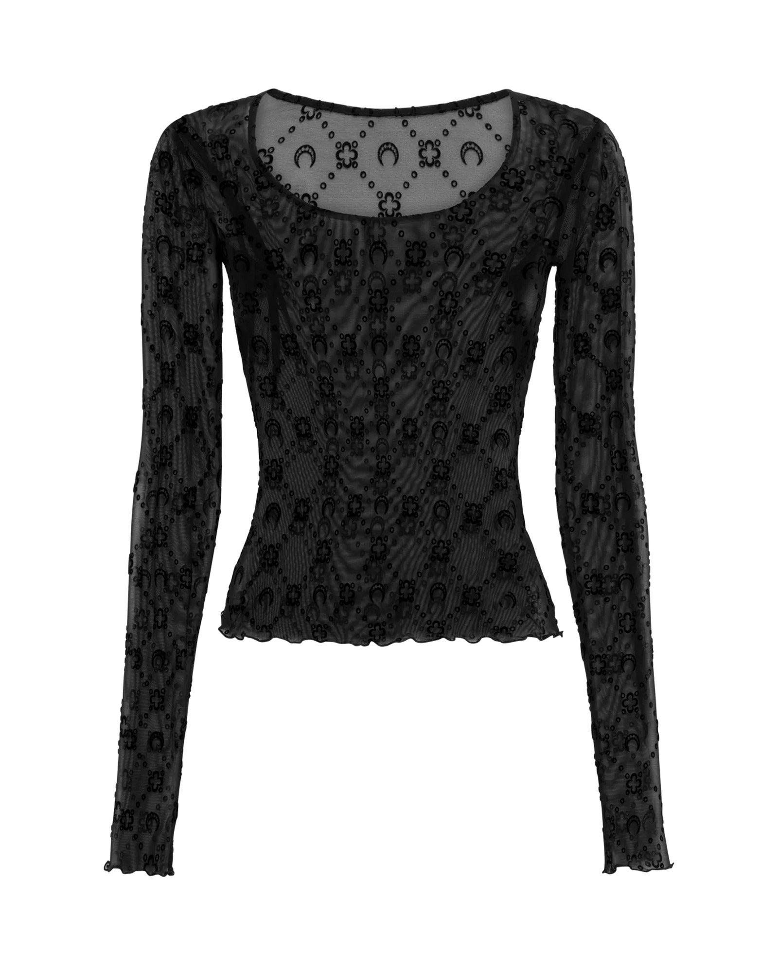MOONOGRAM MESH FLOCK LS ROUNDNECK TOP / BLACK