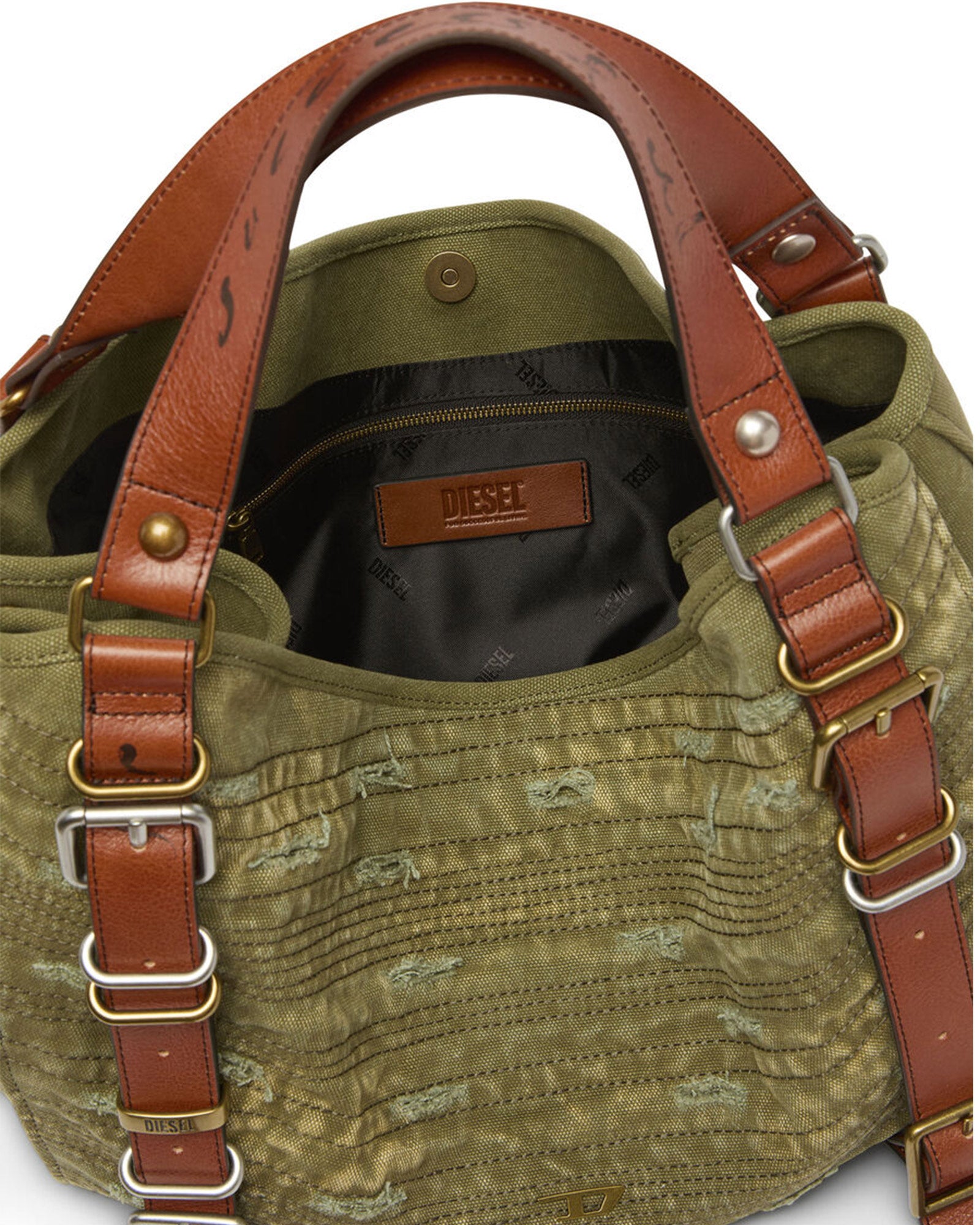 DIESEL・diesel -  D-ONE-MEDIUM TOP-HANDLE BAG IN DISTRESSED CANVAS / MILITARY GREEN