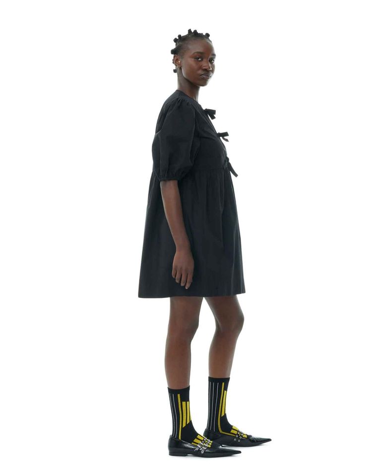 GANNI × COTTON POPLIN TIE STRING MINI DRESS / BLACK
