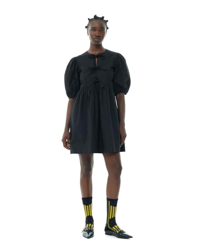 GANNI × COTTON POPLIN TIE STRING MINI DRESS / BLACK