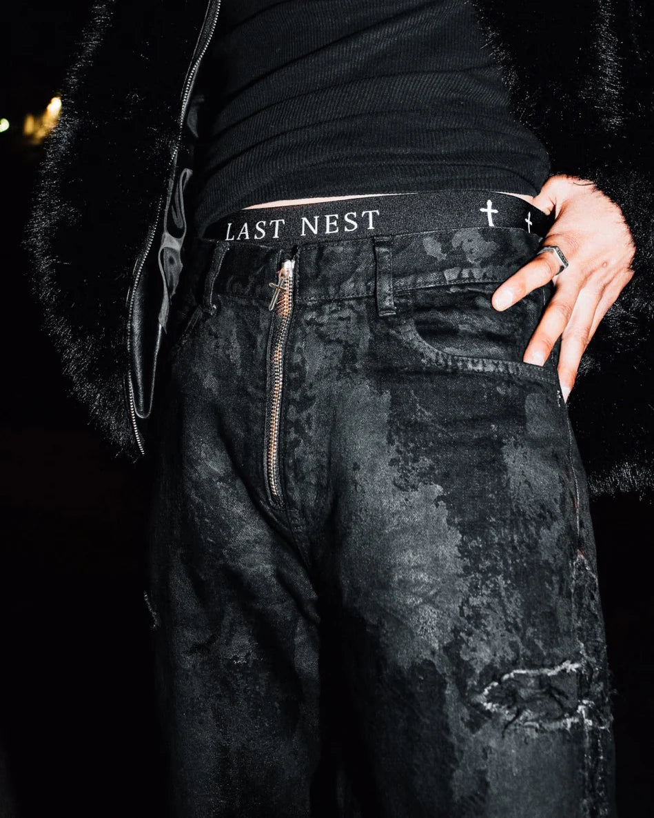 LAST NEST・ラストネスト - デニムパンツ COATING DENIM FLARE PANTS / BLACK