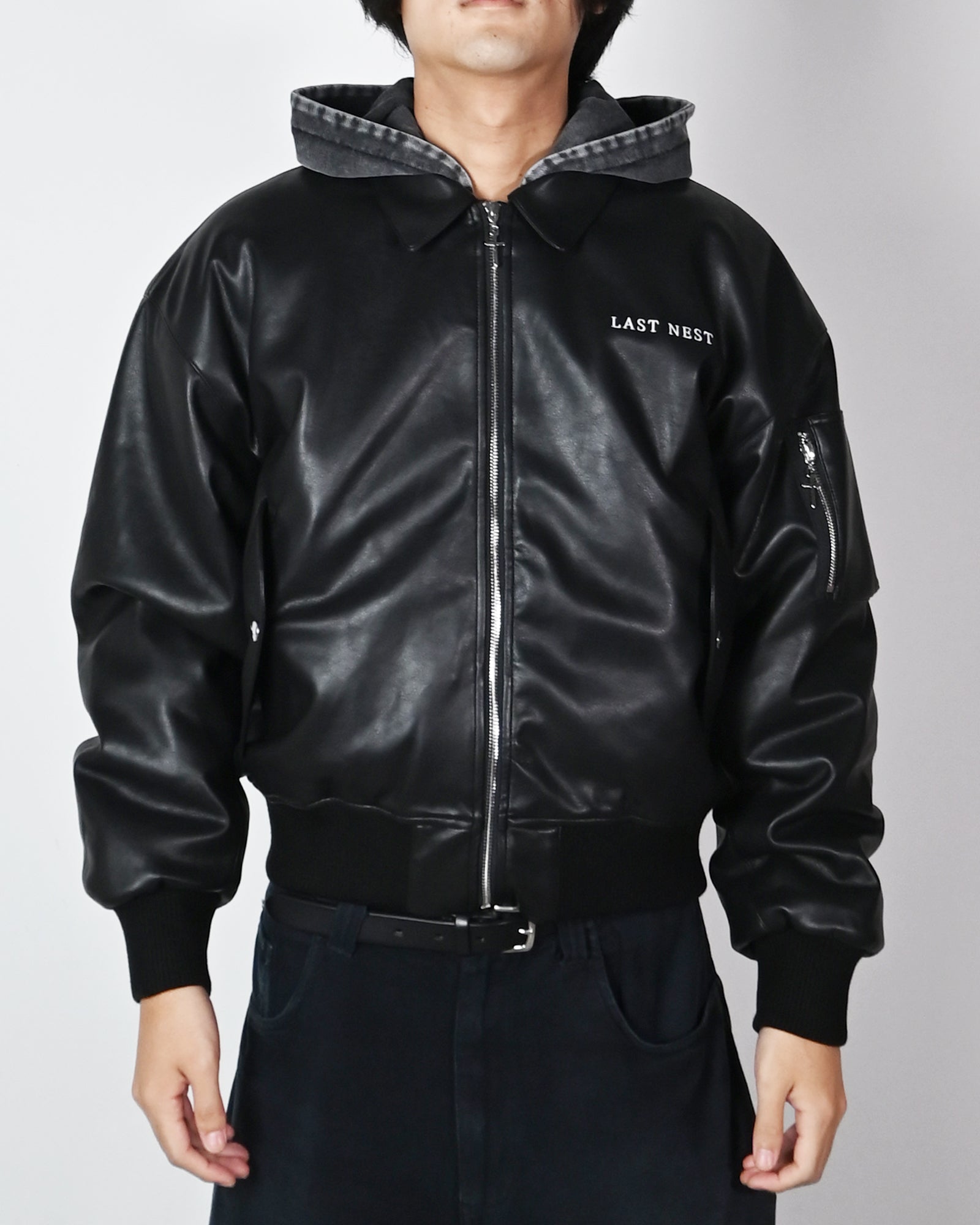 LAST NEST・last nest -  HOODED FAUX LEATHER FLIGHT JACKET / BLACK