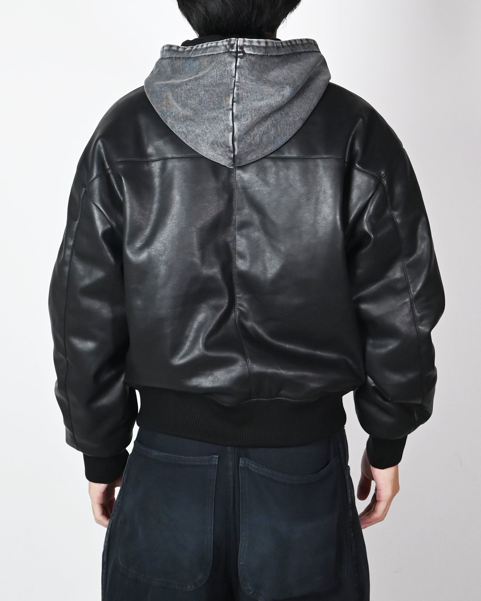 LAST NEST・last nest -  HOODED FAUX LEATHER FLIGHT JACKET / BLACK