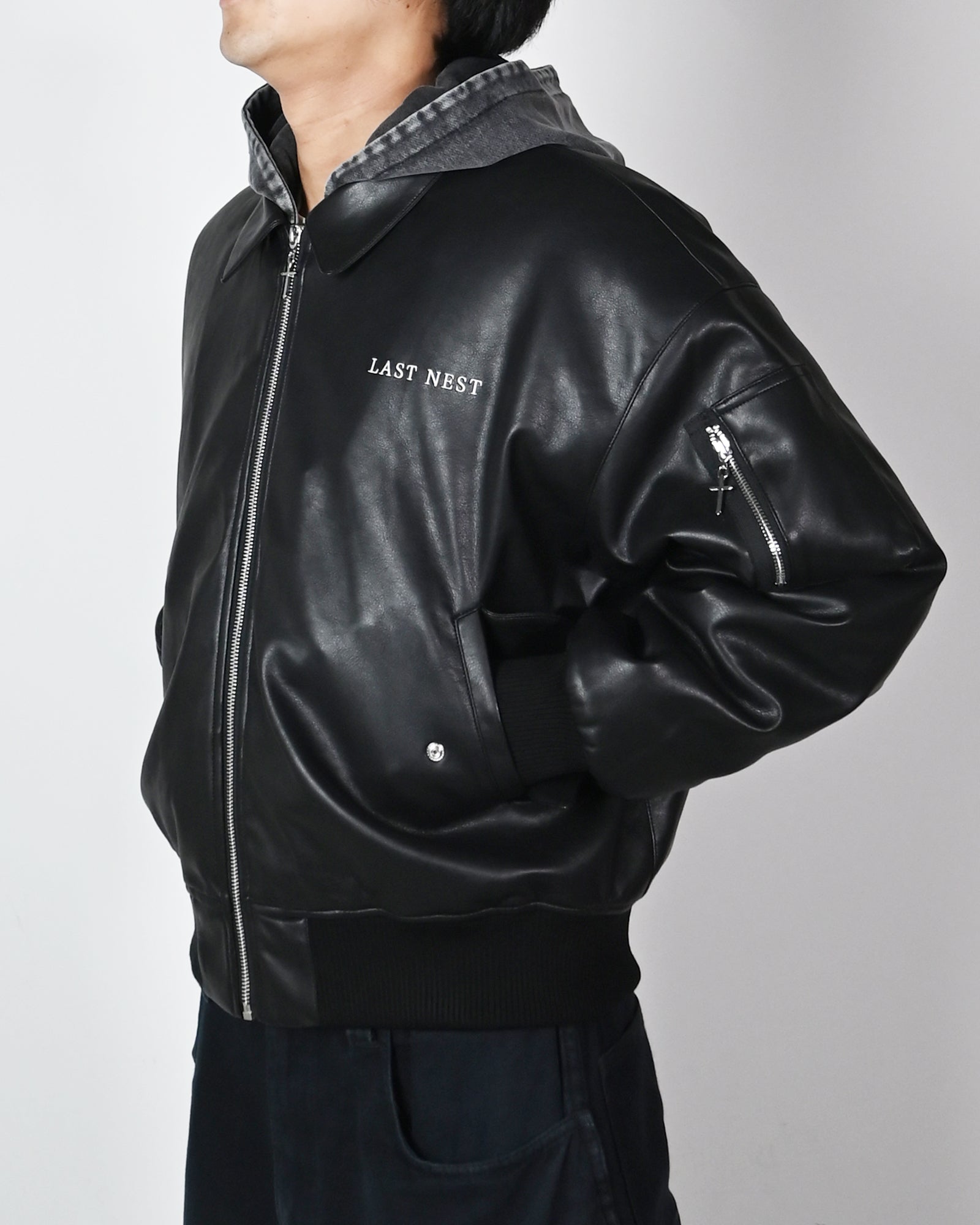 LAST NEST・last nest -  HOODED FAUX LEATHER FLIGHT JACKET / BLACK
