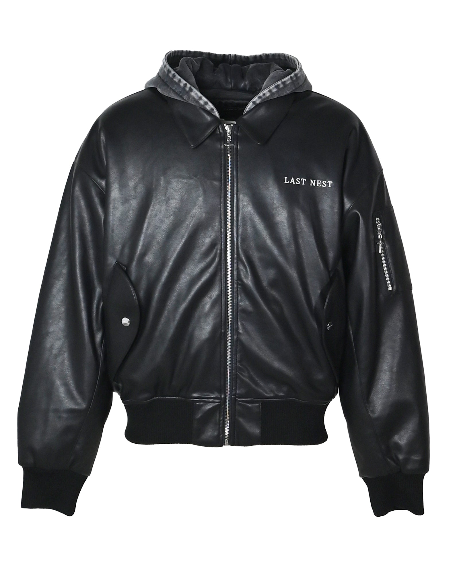 HOODED FAUX LEATHER FLIGHT JACKET / BLACK