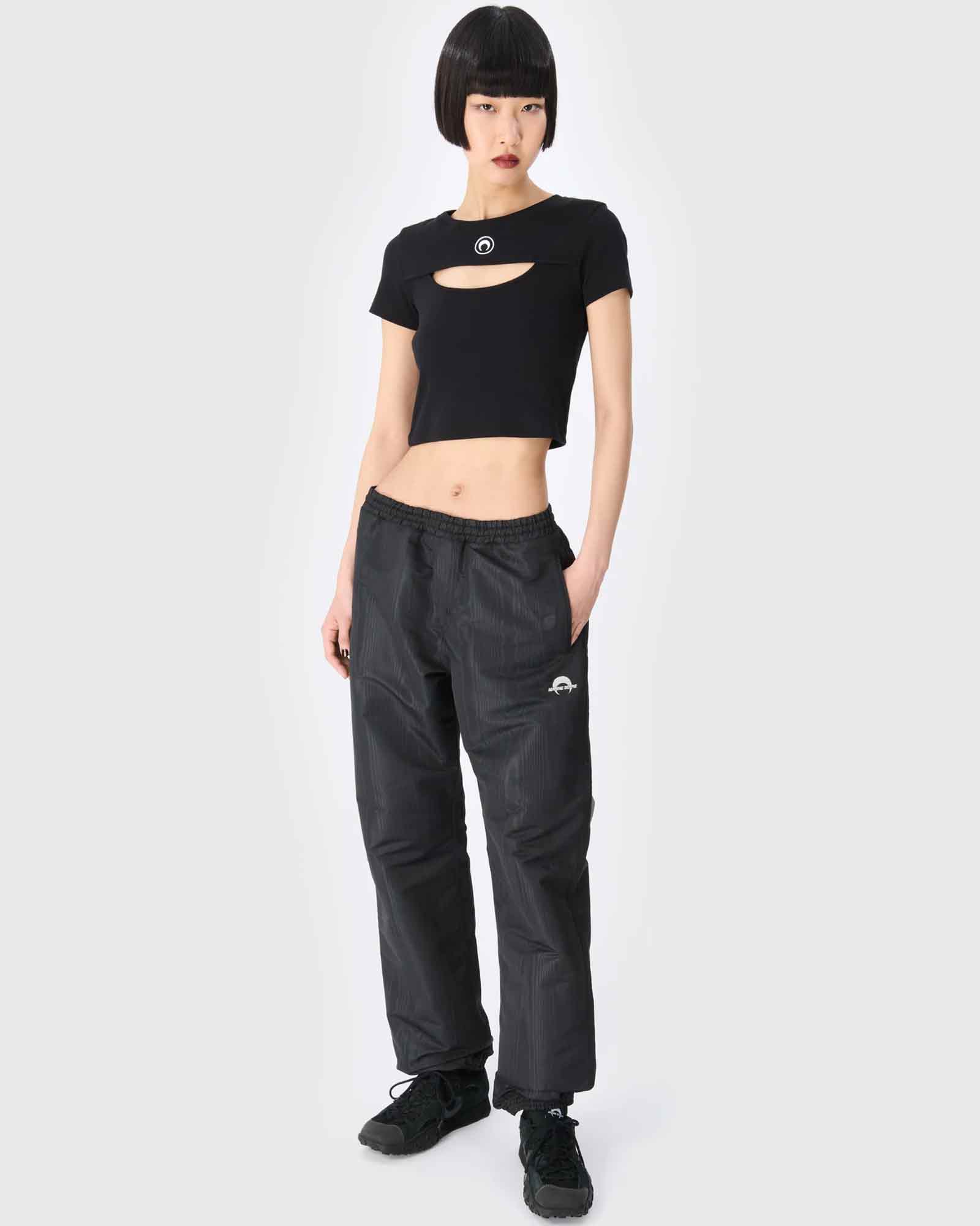 Marine Serre × MOON LOGO RIBBED JERSEY CUT-OUT T-SHIRT / BLACK