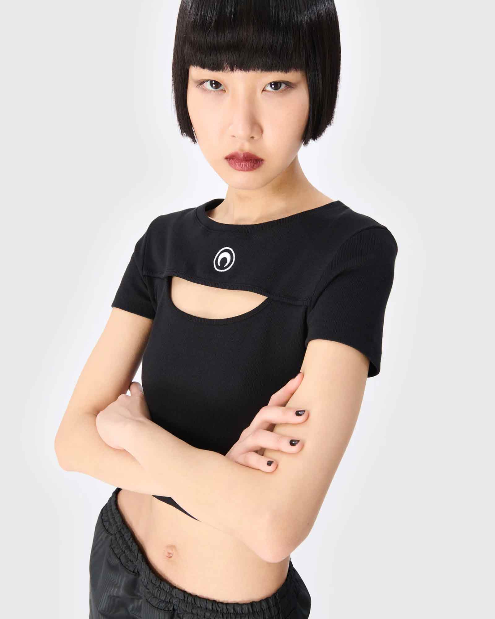 Marine Serre × MOON LOGO RIBBED JERSEY CUT-OUT T-SHIRT / BLACK