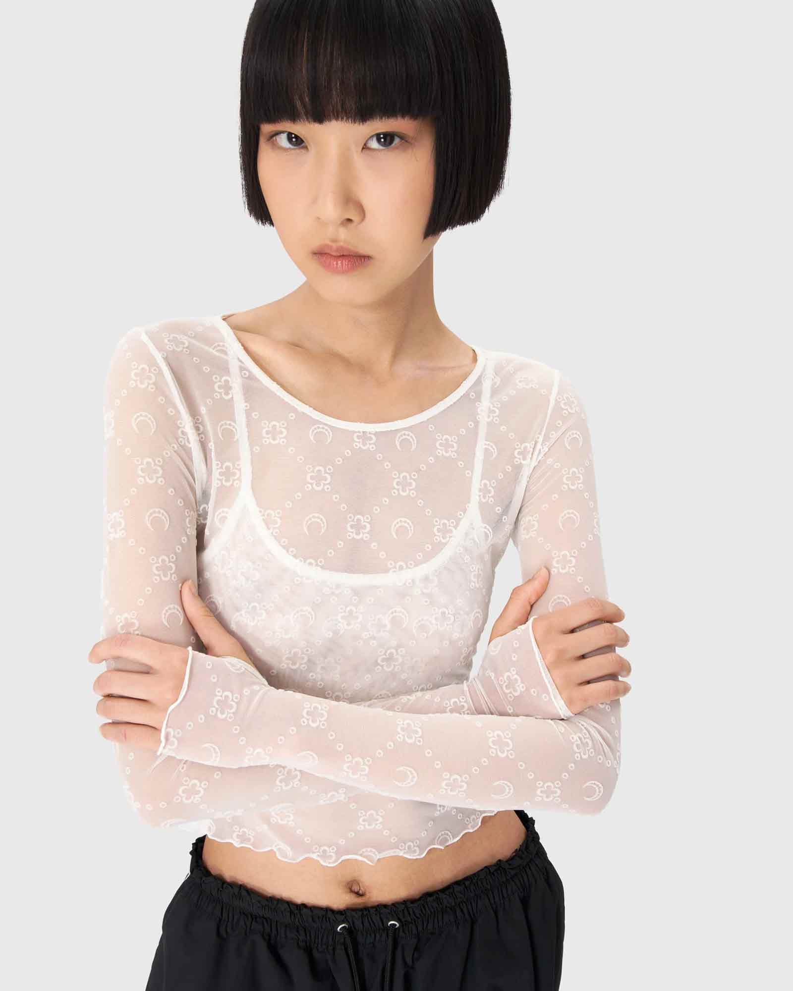 Marine Serre・marine cell -  RECYCLED MESH FLOCK SS CROPPED TOP / OFF WHITE