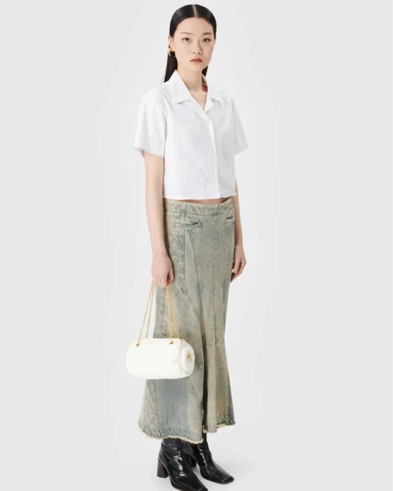 Marine Serre × REGENERATED DENIM FLARED SKIRT / BLUE