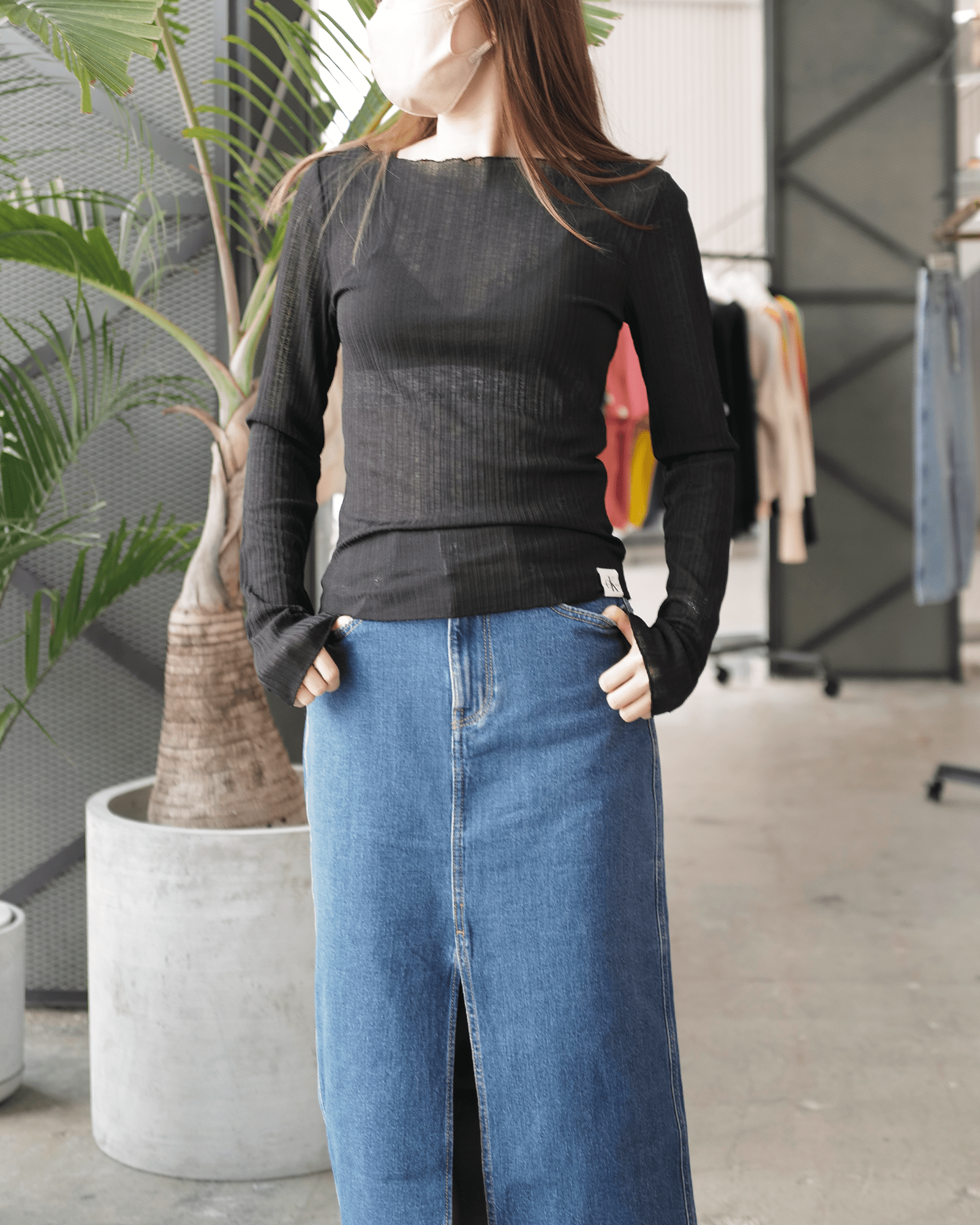 Calvin Klein × SHEER RIB LONG TOP / BLACK