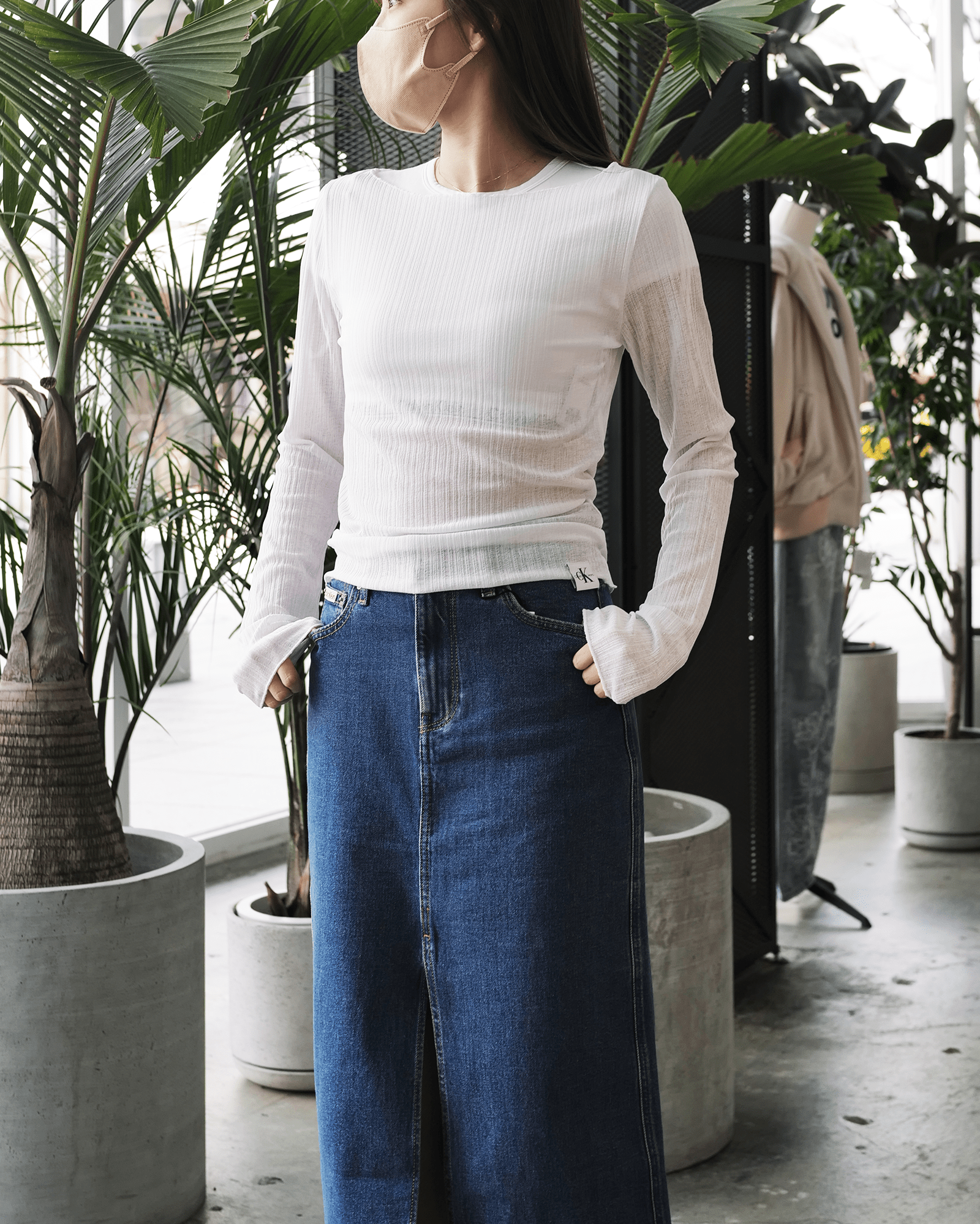 Calvin Klein × SHEER RIB LONG TOP / WHITE