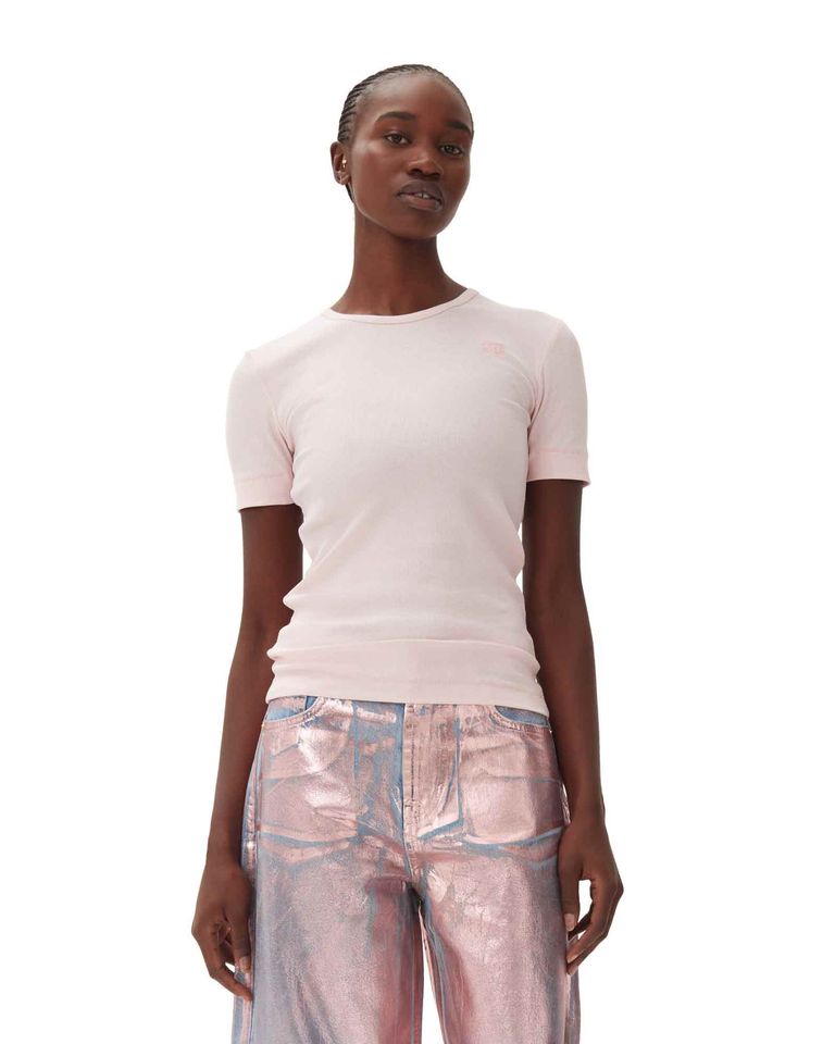 GANNI・ガニー - Tシャツ・カットソー SOFT COTTON RIB SHORT SLEEVE T-SHIRT / PINK