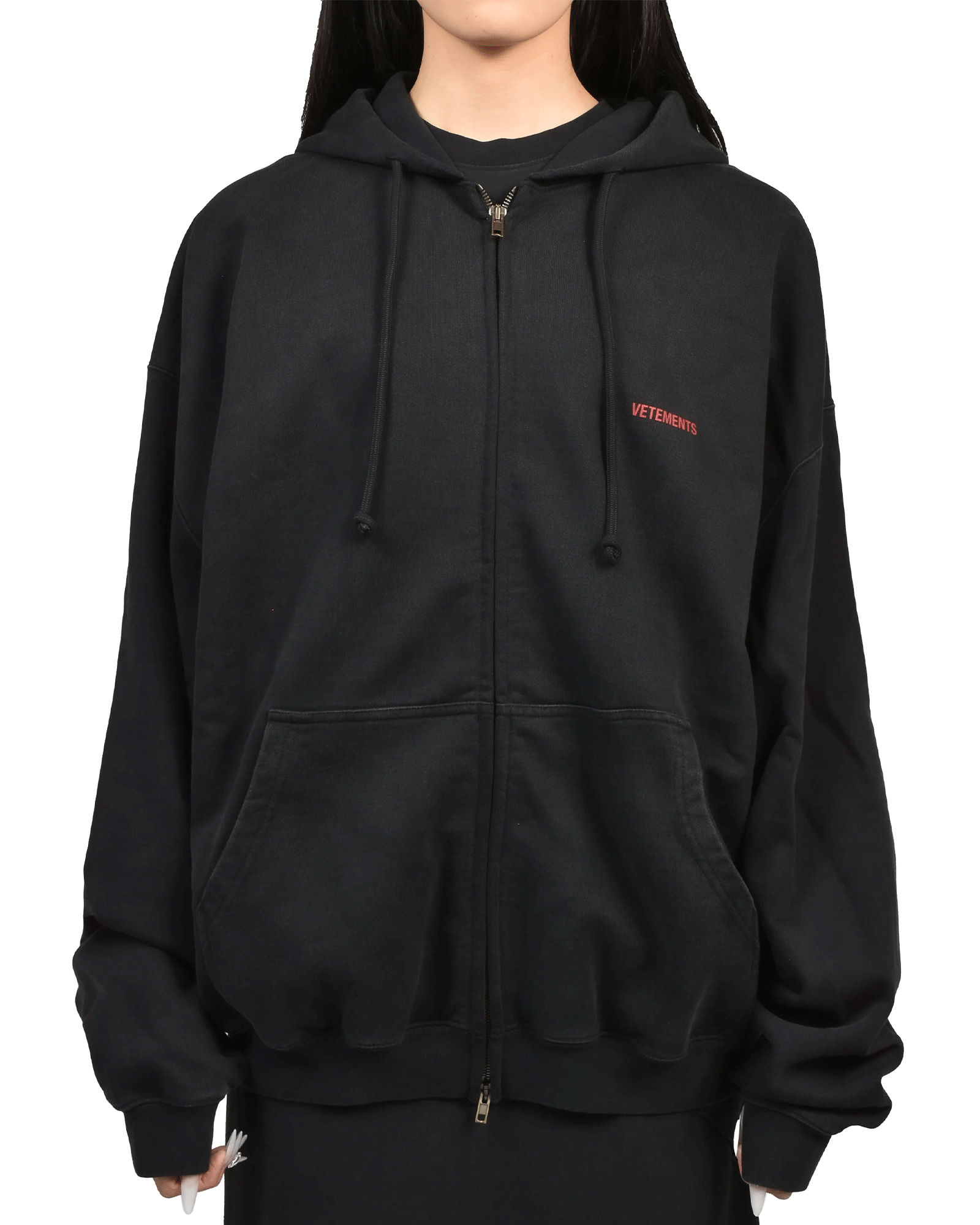 VETEMENTS・Vetements -  CLASSIC LOGO ZIP-UP HOODIE / WASHED  BLACK/RED